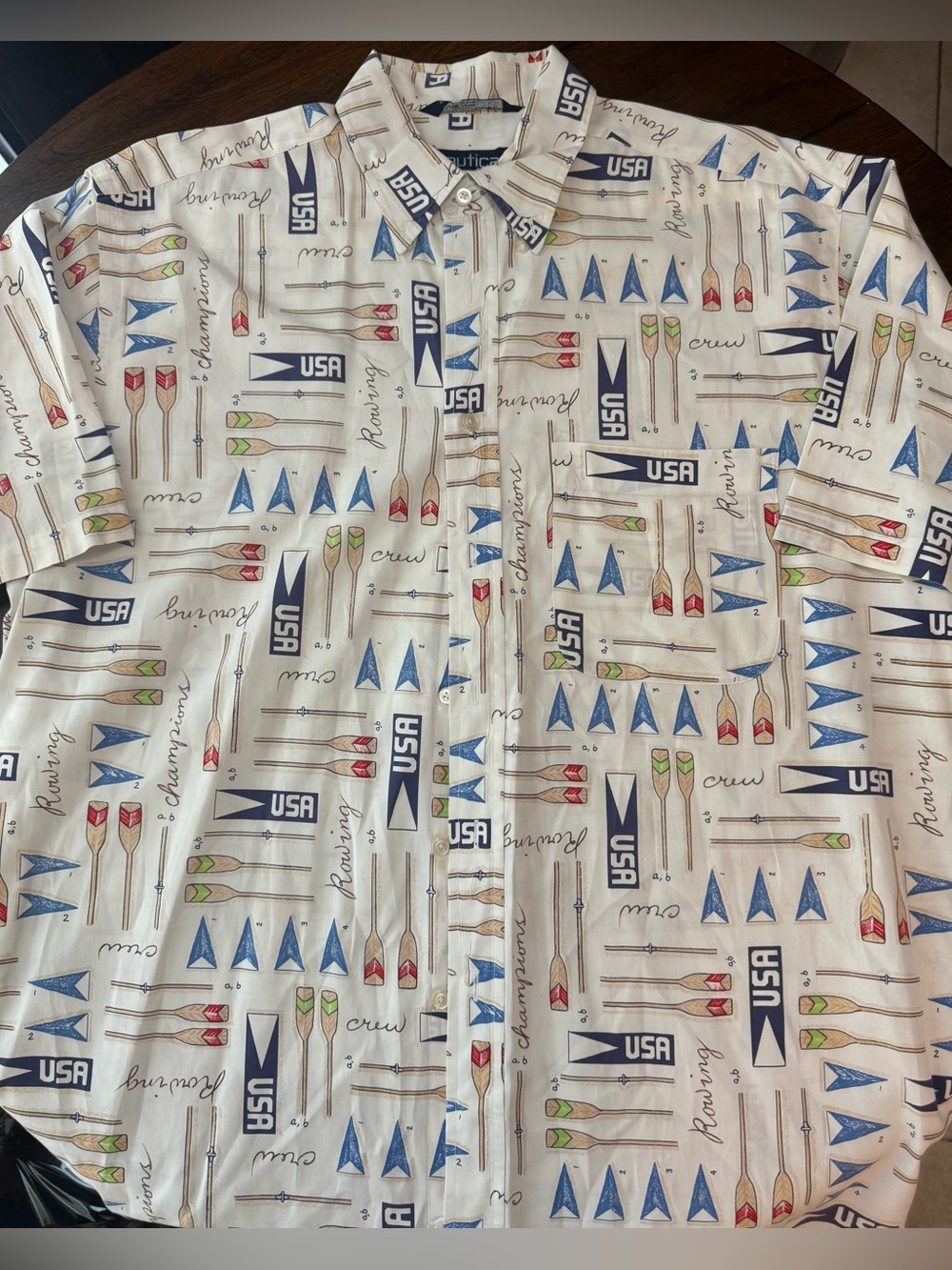 Vtg Nautica Sail Boat Racing Yacht Rowing team USA Button Up Shirt Men Large